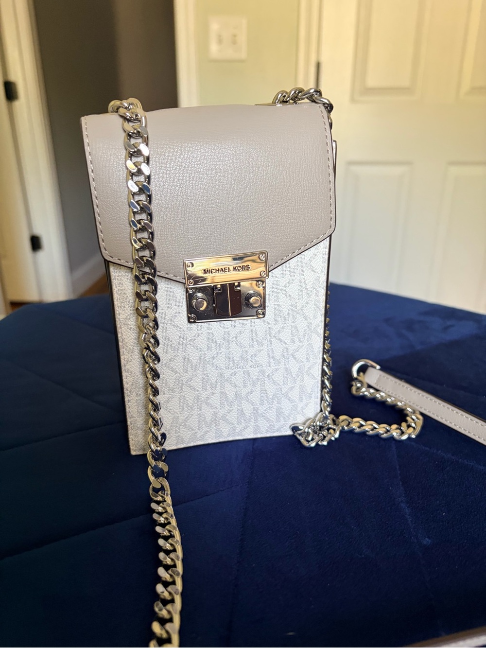 Michael Kors Taupe and White Signature Chain Crossbody Phone Bag